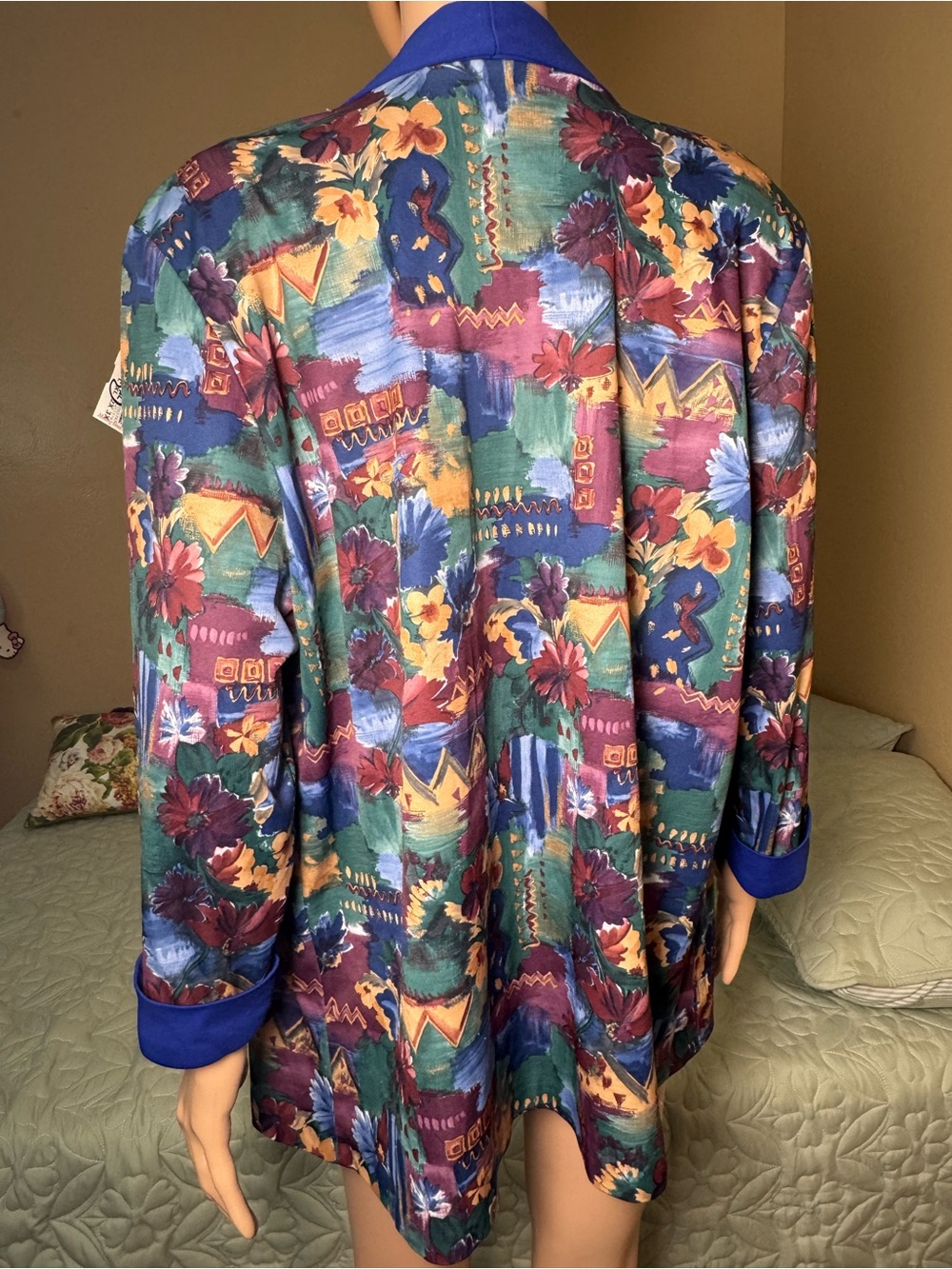 Blair Vintage Floral Open Front Jacket Blazer Blue Trim Oversized L - Picture 4 of 7